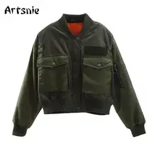  Artsnie Autumn 2020 Bomber Jacket Women Army Green Warm Zipper Pockets Winter Coat Female Jacket Parkas Femme Chaqueta Mujer 