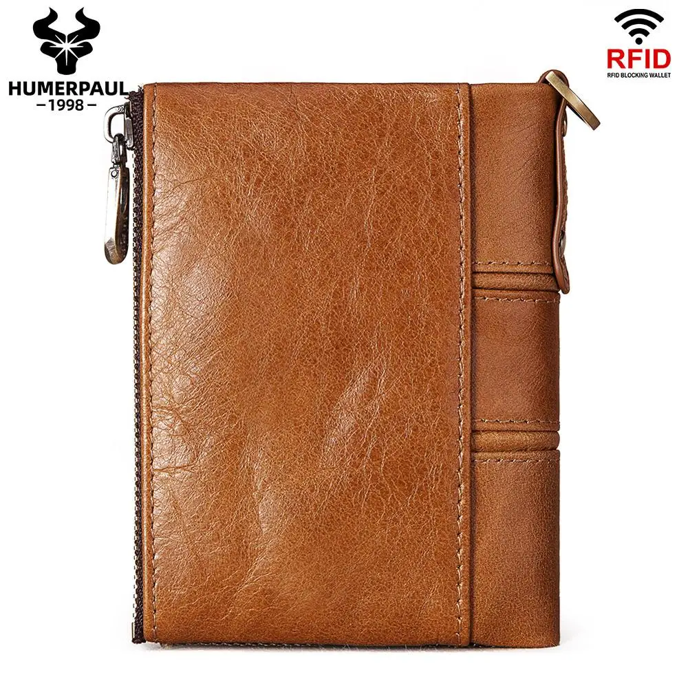 HUMERPAUL Men's Wallet New RFID Anti-Magnetic Wallet Real Cowhide Men's Multi-Function Double Zipper Coin Purse