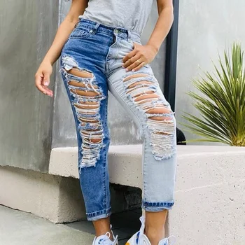 

Stretch Ripped Hole Jeans For Women Elastic Flower Jeans Female Slim Denim Pants Hole Ripped Rose Pattern Jeans Pantalon Femme