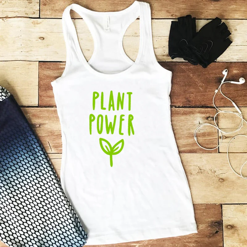 Женские летние модные топы без рукавов с надписью «Plant power», повседневные хлопковые рубашки с графическим принтом, жилеты, футболки для веганов, Прямая поставка