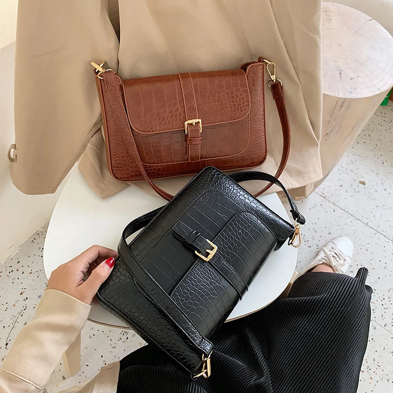 

2019 New Style Autumn Stereo Saddle Bag Crocodile Pattern Lock Shoulder WOMEN'S Bag