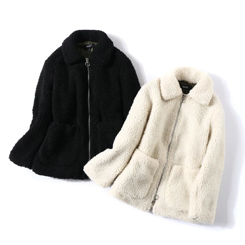 B1137 Fold-down Collar Long Sleeve Thick Warm Lambs Wool Coat