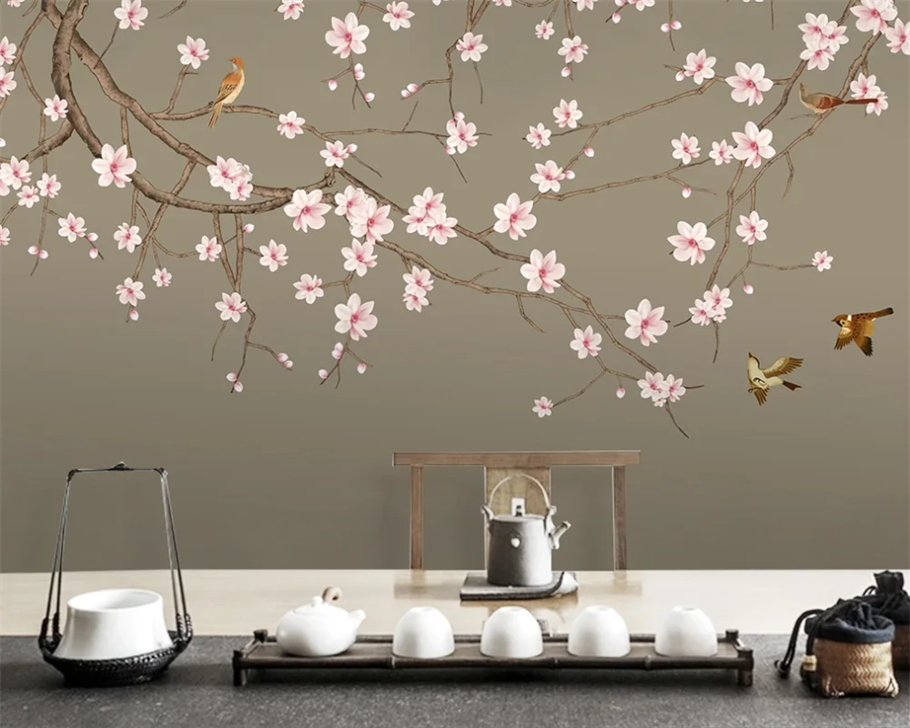 カスタマイズされた3d壁紙新中国の手塗装水墨画plum花風景8d壁画の背景の壁 生地 織物壁装材 Aliexpress
