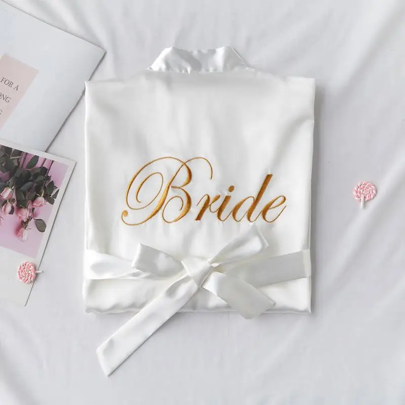 Bride White Вышивка невесты Свадебный халат Элегантный бордовый кимоно халат пижамы повседневное мягкое банное платье леди атласная ночная рубашка - Цвет: Bride White