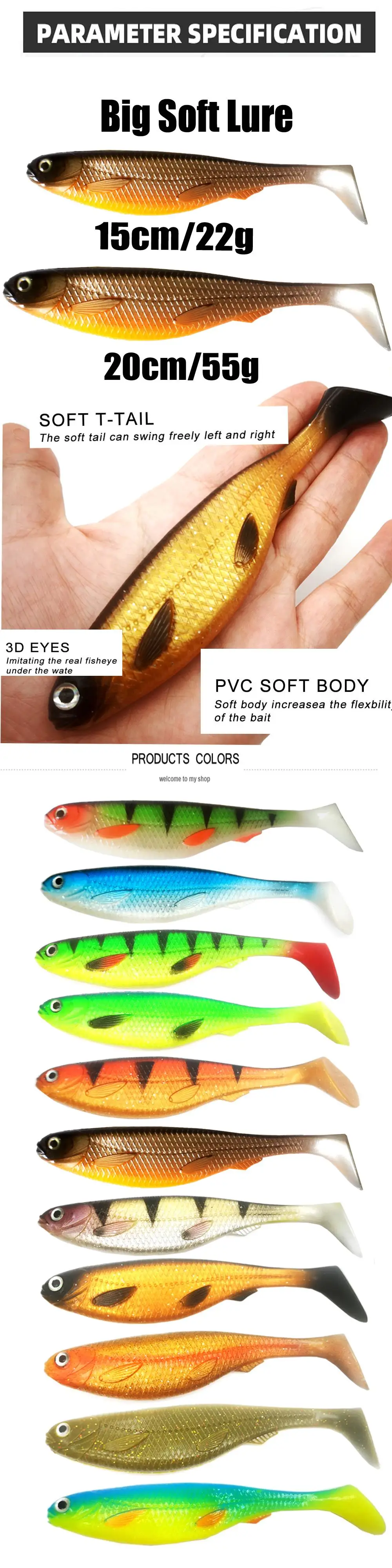 soft lure artificial bait big shads soft 12.5cm 13.7g 15cm 22g PVC material 20cm 55g T Tail Softbaitsfor sea bass perch zander