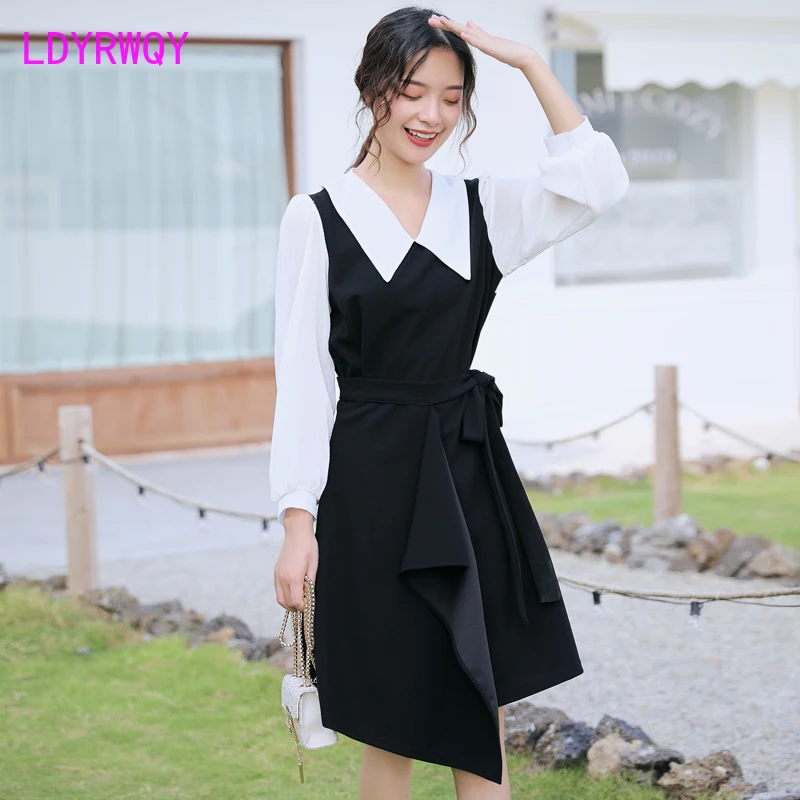 

2019 autumn and winter Korean version of the new doll collar stitching chiffon dress temperament female