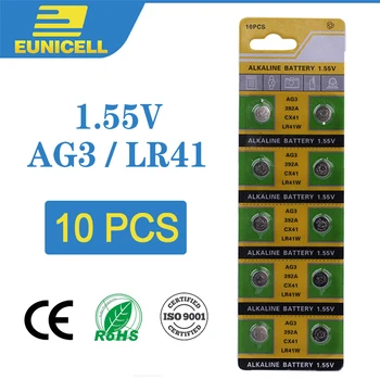 

Eunicell 10pcs Alkaline Cell Coin Battery 1.55V AG3 LR41 392 Button Batteries SR41 192 L736 384 SR41SW CX41 AG 3 For Watch Toys