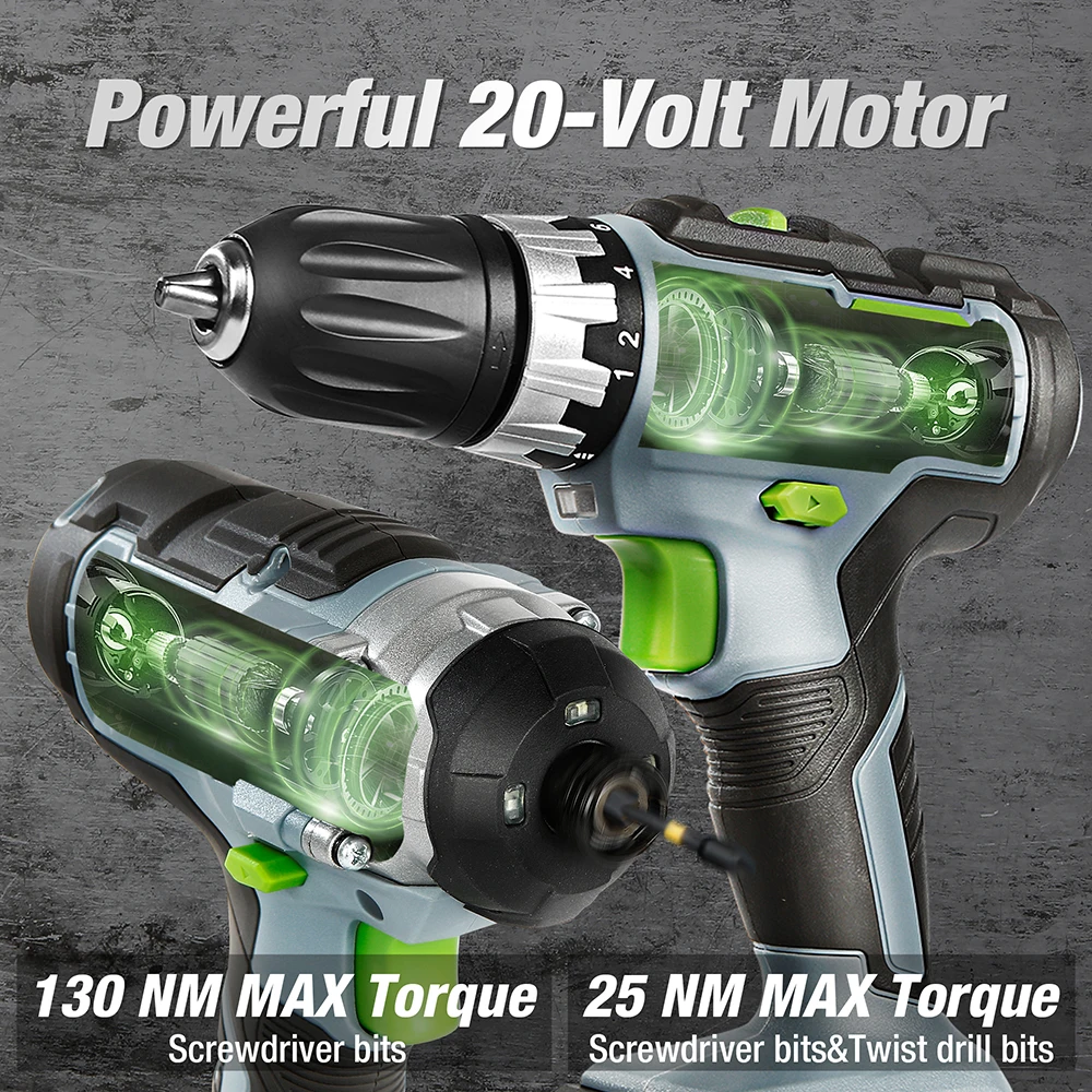 WORKPRO 21PC 20V Li-ion Cordless Compact Drill Driver Set and Impact Driver Set Including 2 Fast Chargering Batteries Power Tool