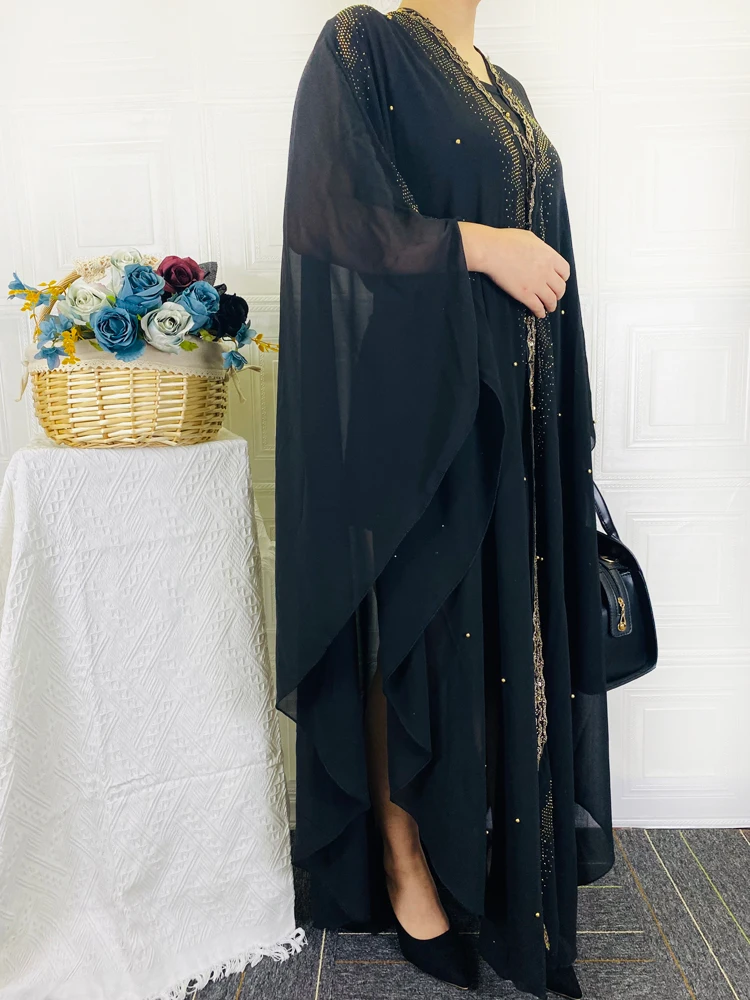 Open Black Abayas For Women Dubai 2021 Short Sleeve African Hijab Dresses Turkey Islam Evening Long Robe Nigerian Clothes DR-338