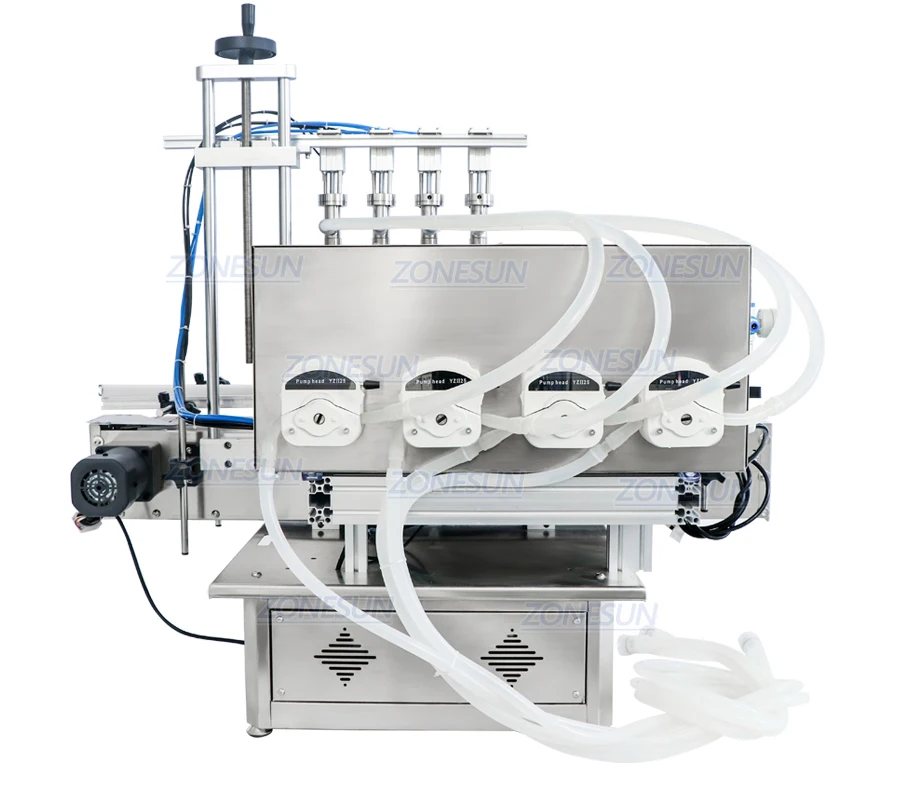 ZONESUN ZS-DTPP4E Пневматическая автоматическая машина для наполнения жидкостью с 4 насадками Лосьон Глазные капли Сок Масло Гелевый наполнитель Перистальтический насос