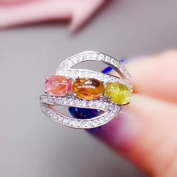 

Per jewelry Natural real colorful tourmaline special style ring Free shipping 0.5ct*3pcs gemstone 925 sterling silver Q2041632