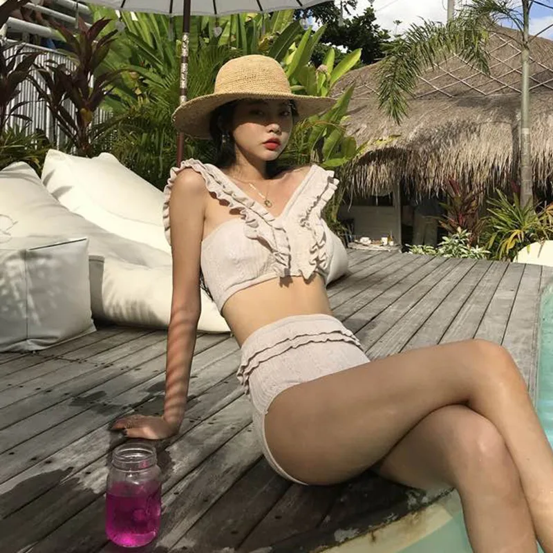 

Korean-style New Style-Frilled Knitted Split Type Swimsuit Slimming Belly Covering Backless Retro High-waisted Hot Springs Swimw