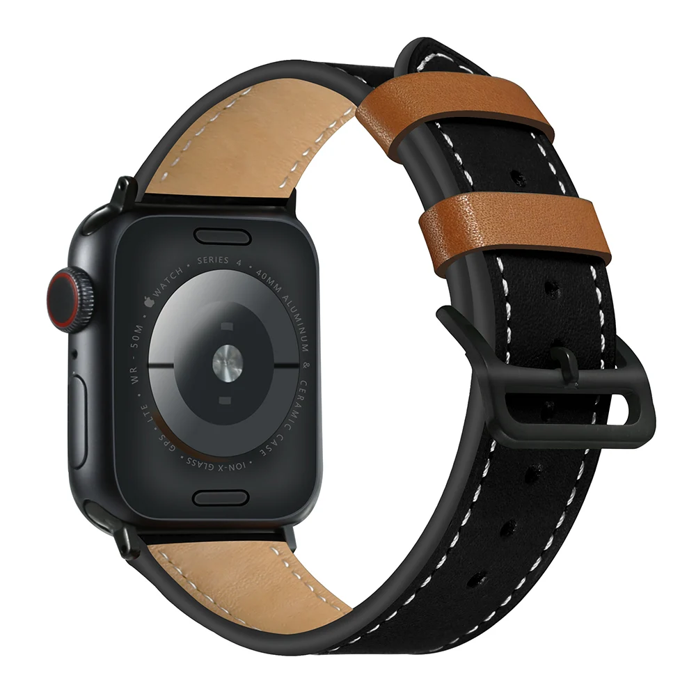 Модный кожаный ремешок для Apple Watch Series 5, 4, 3, 2, 1, двухцветный браслет для iWatch 40 мм, 44 мм, 38 мм, 42 мм, наручный ремень