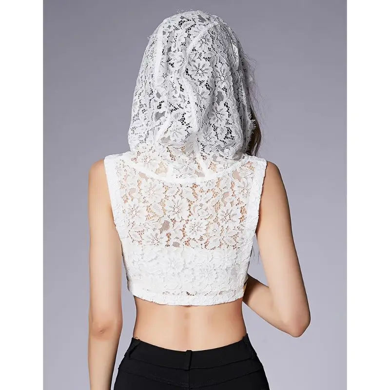 

Women Girls Crochet Hollow Floral Lace Fake Collar with Hoodie Cap Fairy Pullover Half-Shirts Sweater Decorative Sunscreen Hat