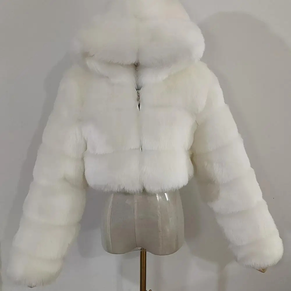 White Fur Coat Women's Hooded Crop Faux Fur Jacket