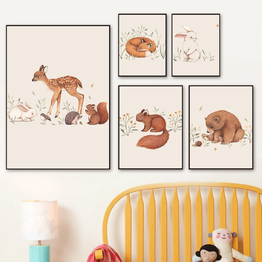Deer-Rabbit-Squirrel-Bear-Hedgehog-Fox-Mouse-Wall-Art-Canvas-Painting-Nordic-Posters-And-Prints-Wall (1)