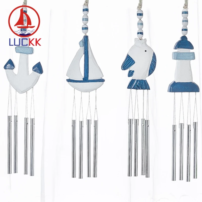 LUCKK Mediterranean Style Wood Wind Chime Fish/Ship/Starfish/Shell Creative Nordic Wedding Room Home Decor Marine Hanging Gifts