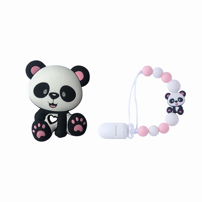 2PC Silicone Teether Panda Baby Toddler Toys Diy Pacifier Chain Stroller Accessories Bpa Free Silicone Beads Children Goods Toys - Color: Pink Chain