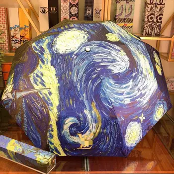 

Oil Painting Umbrella Fully Automatic Parasols Sunscreen Anti-UV Sun Umbrella with Delicate Gift Box