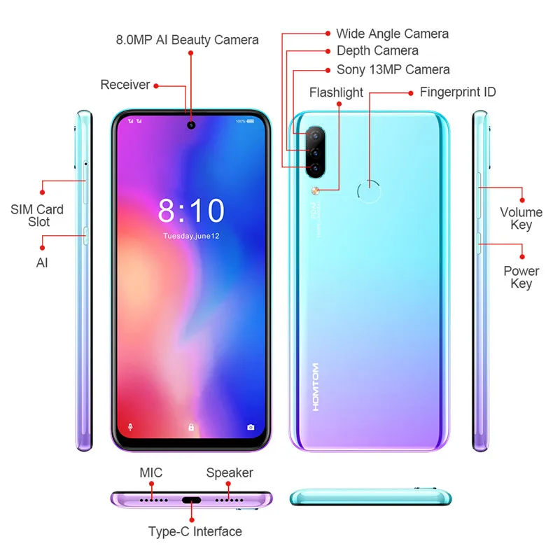 HOMTOM P30 Pro Android 9,0, 4G мобильный телефон MT6763, четыре ядра, 4 ГБ, 64 ГБ, 4000 мА/ч, 6,41 дюйма, распознавание лица, 13 МП+ Тройная камера, смартфон
