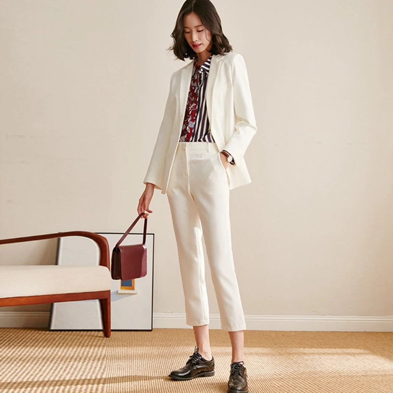 

White Suit Women Blazer Single Breasted Full Length Pants Simple Design New Elegant Style Two Piece Set Top And Pants Women New