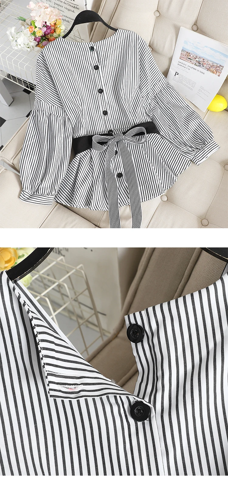 SINGRAIN White Office Lady Blouse Elegant Lantern Sleeves V-Neck Bow Blouse Autumn Sexy Women Striped Tops Blouse