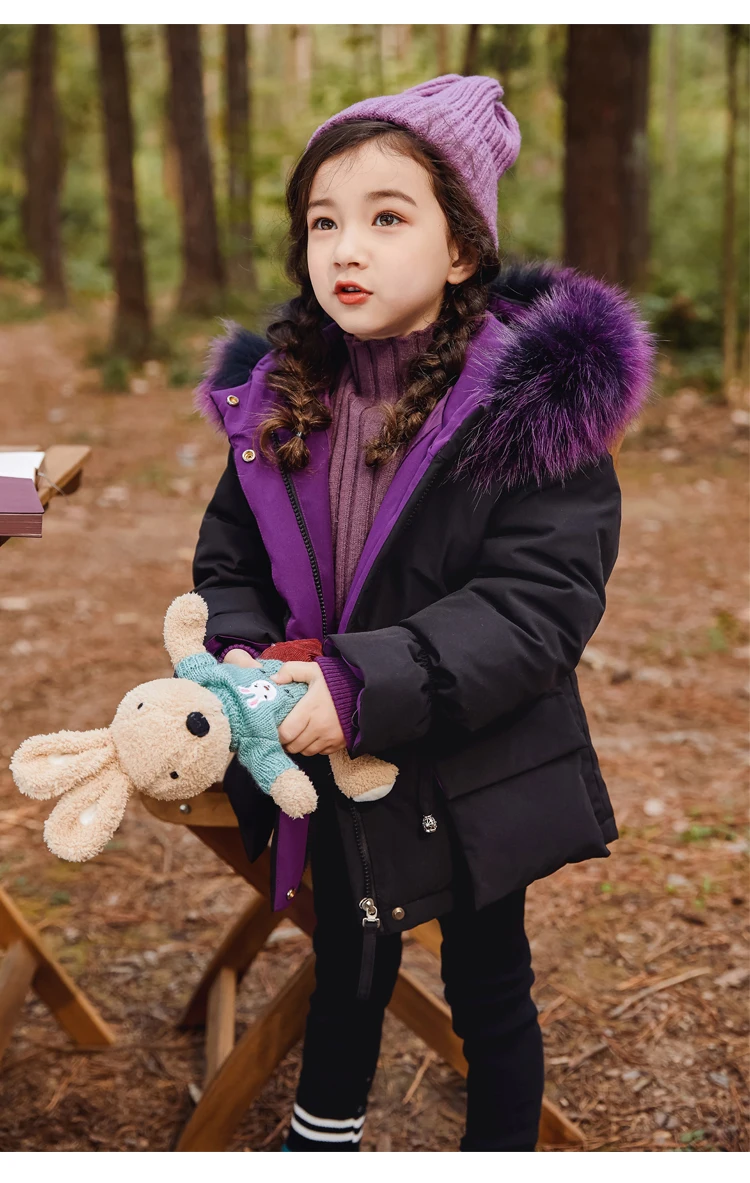 Русская зимняя куртка для девочек, 30 градусов теплая детская парка на утином пуху пальто с капюшоном и воротником из натурального меха Детское пальто