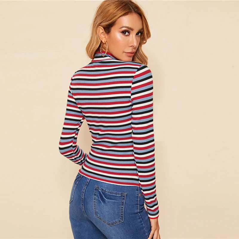 SHEIN многоцветный стоячий воротник полосатый ребристый вязаный Повседневная футболка Женские топы осень длинный рукав облегающие эластичные футболки