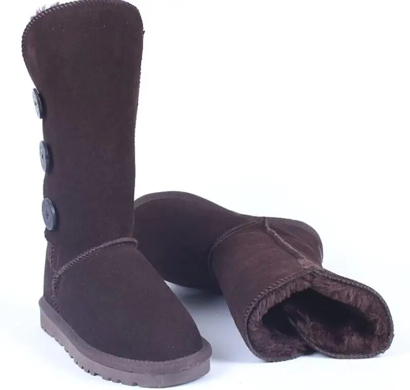 brown button Women snow boots new winter genuine leather mid calf boots warm plush boots non-slip women leather boots Woman Botas Mujer - Цвет: brown button