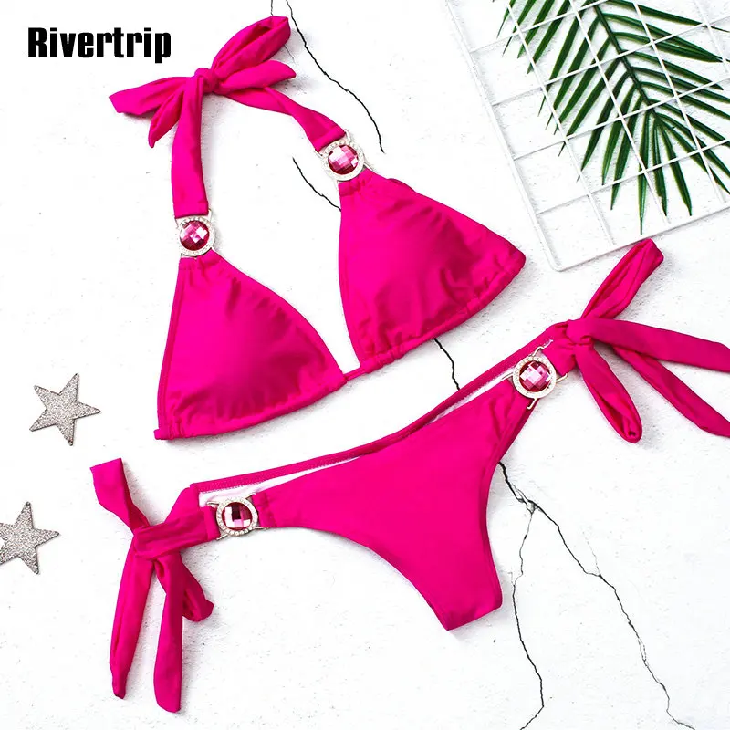 

Rivertrip Low Waist Bikini Halter Swimwear Women New Diamond Swimsuit Female Sexy Bandage Bathing Suit Women Biquini 2019