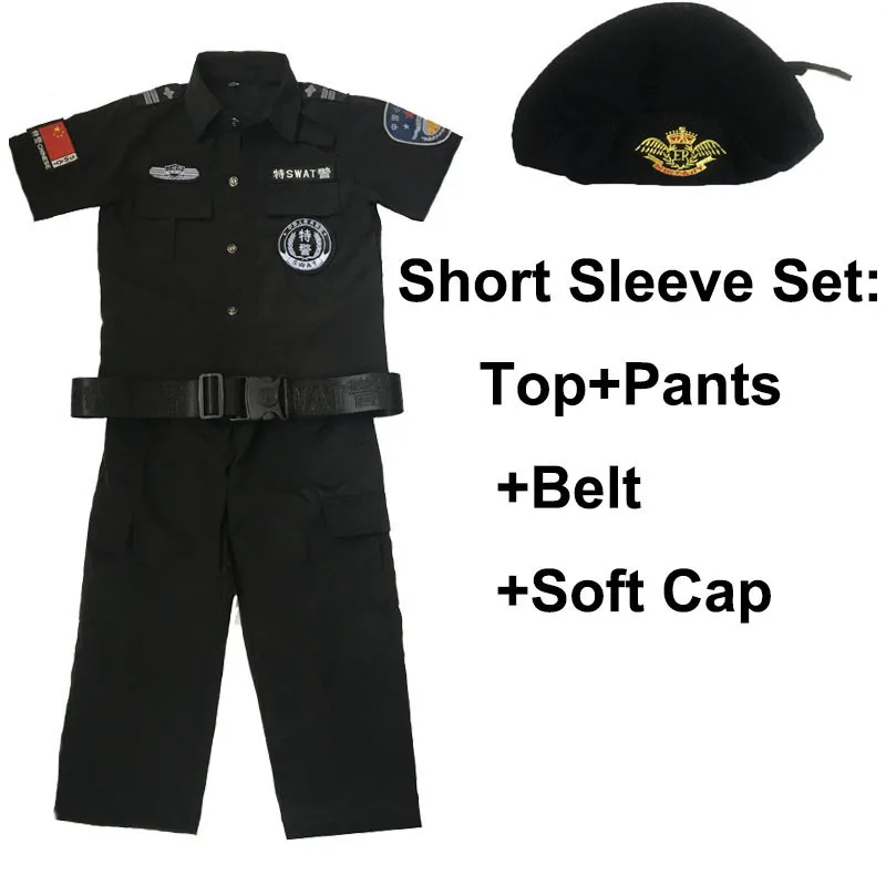 Short sleeve set 2 Карнавал на Хэллоуин, Детские полицейские костюмы, Униформа, черный, для маленьких мальчиков, полицейский, косплей, подарок на день рождения, с шапкой - Цвет: Short sleeve set 2