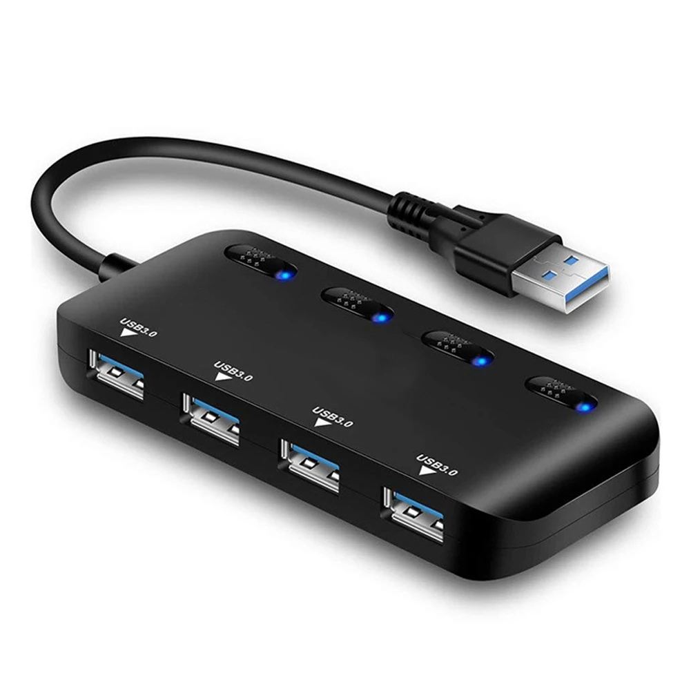 USB 3,0 концентратор сплиттер удлинитель 4 порта USB концентратор данных с индивидуальный переключатель светодиодный свет QJY99 - Цвет: Черный