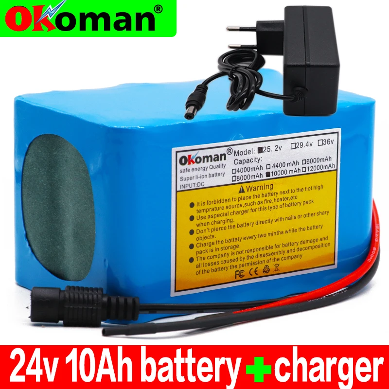 Okoman Высокое качество 24V 10Ah 18650 аккумулятор литий-ионный аккумулятор 25,2 V 10000mAh для велосипеда мопед+ зарядное устройство