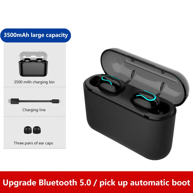 Беспроводные наушники Bluetooth 5,0 TWS, спортивные музыкальные наушники, стереогарнитура с внешним аккумулятором 3500 мАч для Xiaomi iPho - Цвет: black