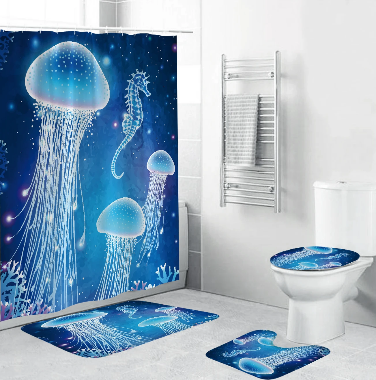 Underwater World Fabric Shower Curtains Set Ocean Seahorse Jellyfish Bathroom Non-Slip Rugs Toilet Lid Cover Mat Carpet | Дом и сад
