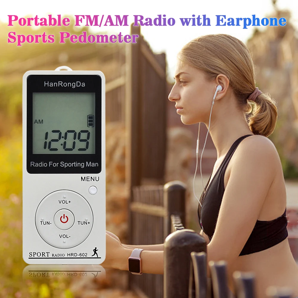 HRD-602 Портативный радиоприемник FM/AM радио автоматическое выключение ЖК-дисплей Кнопка блокировки карманное радио с наушник-Шагомер