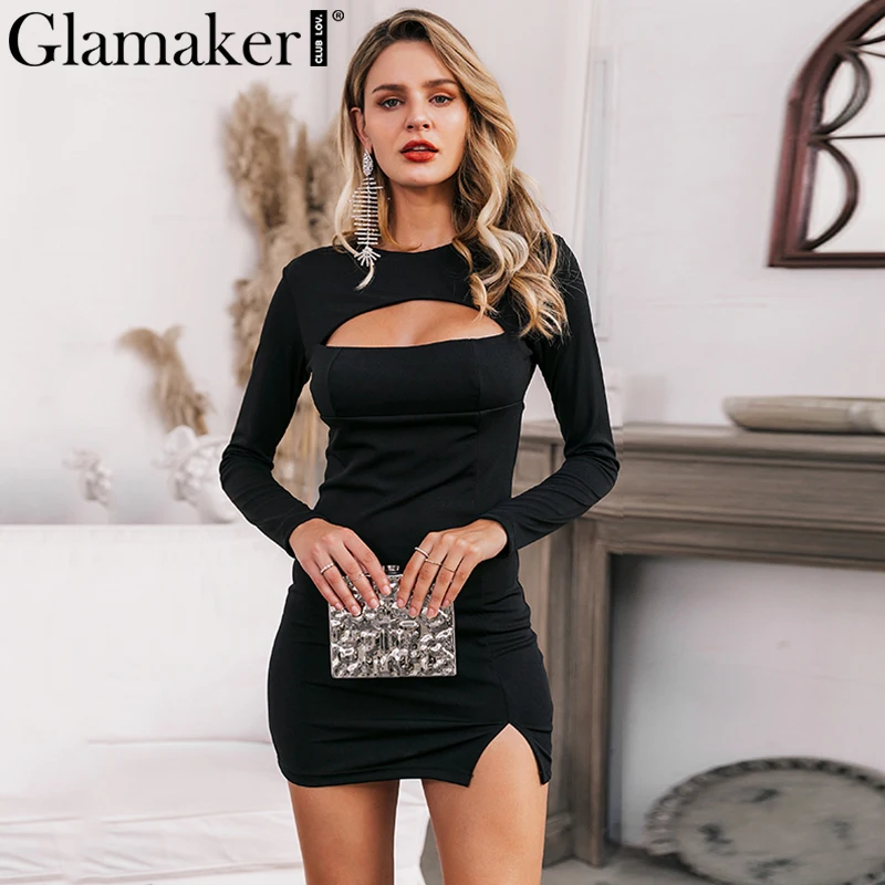 Glamaker, элегантное женское платье бодикон с выемкой, с длинным рукавом, с круглым вырезом, с разрезом, мини-платье для женщин, Осень-зима, вечерние, Клубные, сексуальные платья