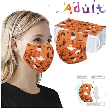 

In Stock 50Pcs Mouth Mask Disposable Print Halloween Mouth Face Masks Fashion Non-Woven Mask 3 Filter Dust-proof for Men Women