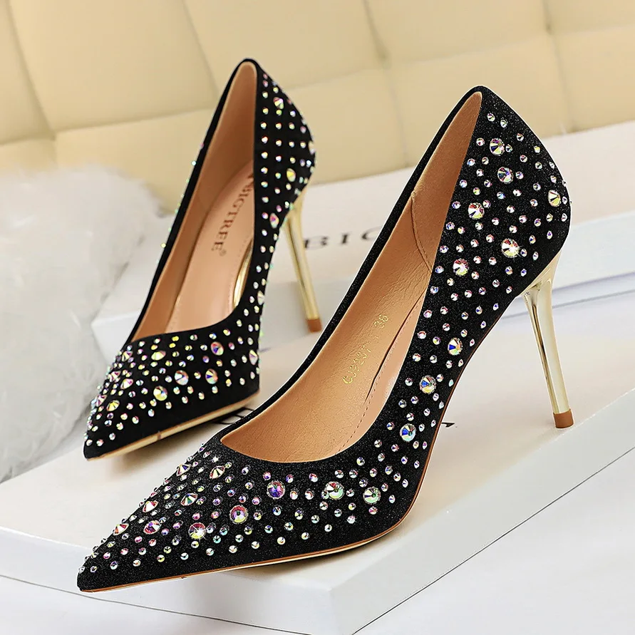 

pumps Woman shallow High Heels shoes crystal pointed toe Slides fashion slip on sandals luxury zapatos mujer silver gold pink