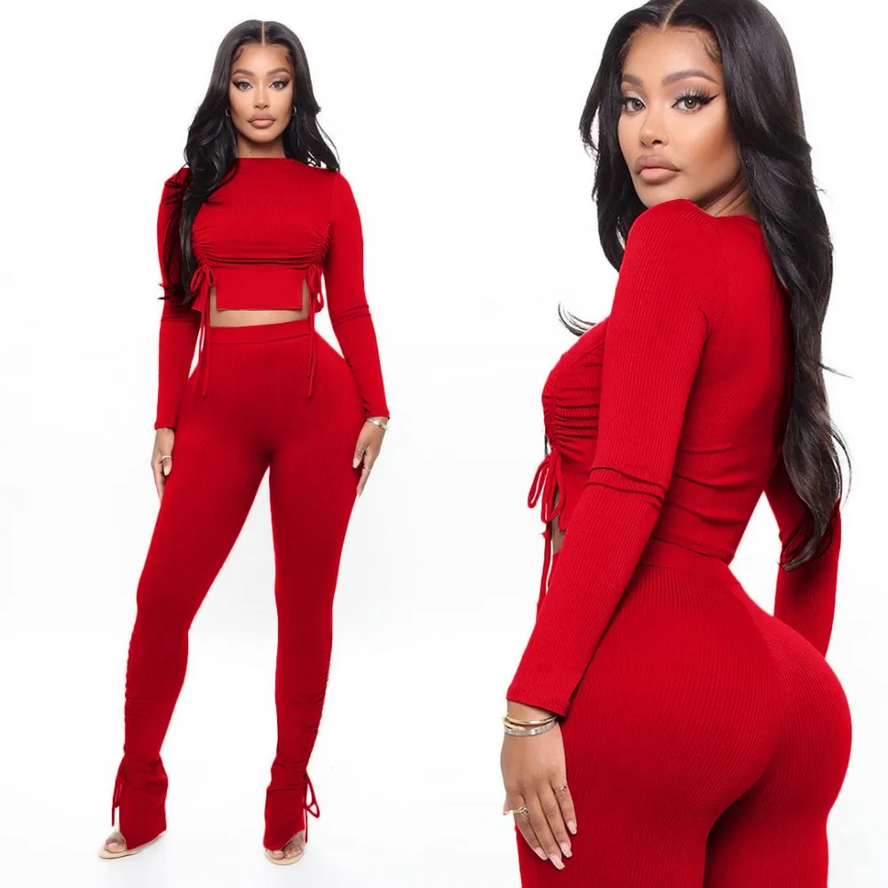 Casual Suit Solid Color Long-Sleeved T-Shirt+Tight Trousers Two-Piece Winter 2021 Sexy Women
