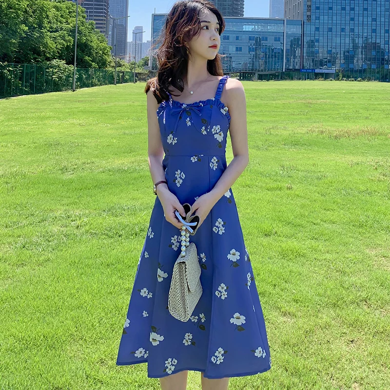 

Women Midi Floral Blue Slip Dress Summer 2020 Runway Elegant Korean Party Dresses Backless Boho Tropical Beach Vacation Sundress