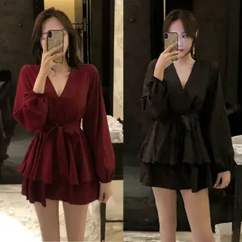 

US Women Solid V-neck Puff Off Long Sleeve Dress Ladies Ruffle A-line Mini Dress
