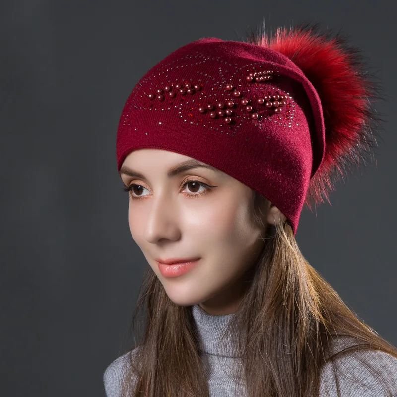 Winter Knitted Hat Female Euro-American Hot Drilled Pearl Ball Outdoor Heating Wool hats |