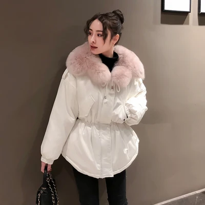 White And Pink Большой натуральный меховой воротник, зимнее меховое пальто для женщин, черные парки, пуховик для женщин, белый утиный пух, Короткие пальто, плотная теплая парка - Цвет: White And Pink