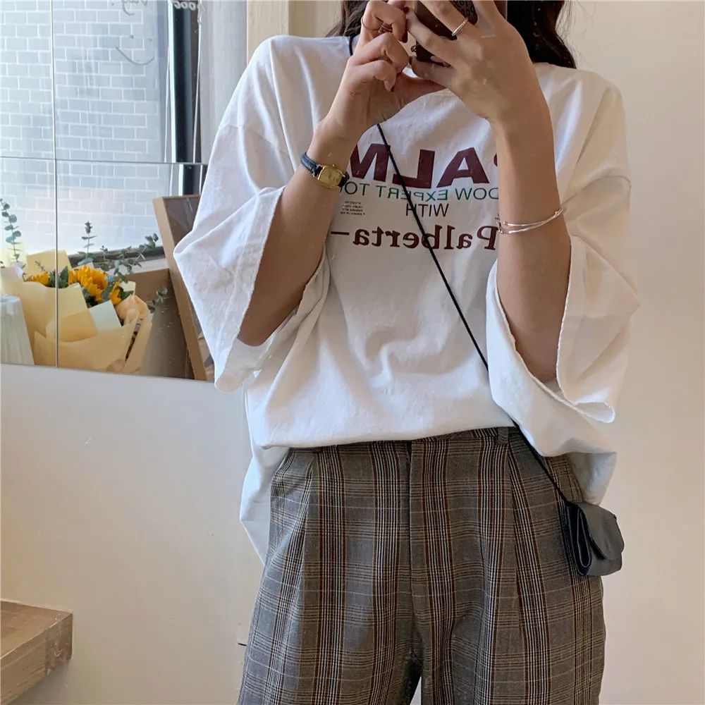 Letter Print Summer T-shirts Women Korean Style Casual Streetwear Vintage Harajuku T shirt Loose Cotton Tops Tees Plus Size X053