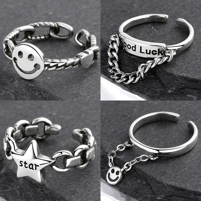 

Rock Hiphop Chain Tassel Punk Ring Star Bell Cross Good Luck Geometric Open Fingure Rings For Men Size Adjustable