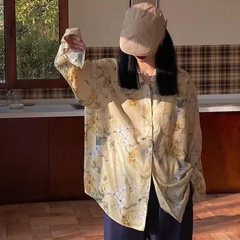 

Deeptown Floral Cardigan Feminine Blouse Vintage Elegant Womens Blouses Spring Summer Long Sleeve Womens Shirt Leisure Shirt