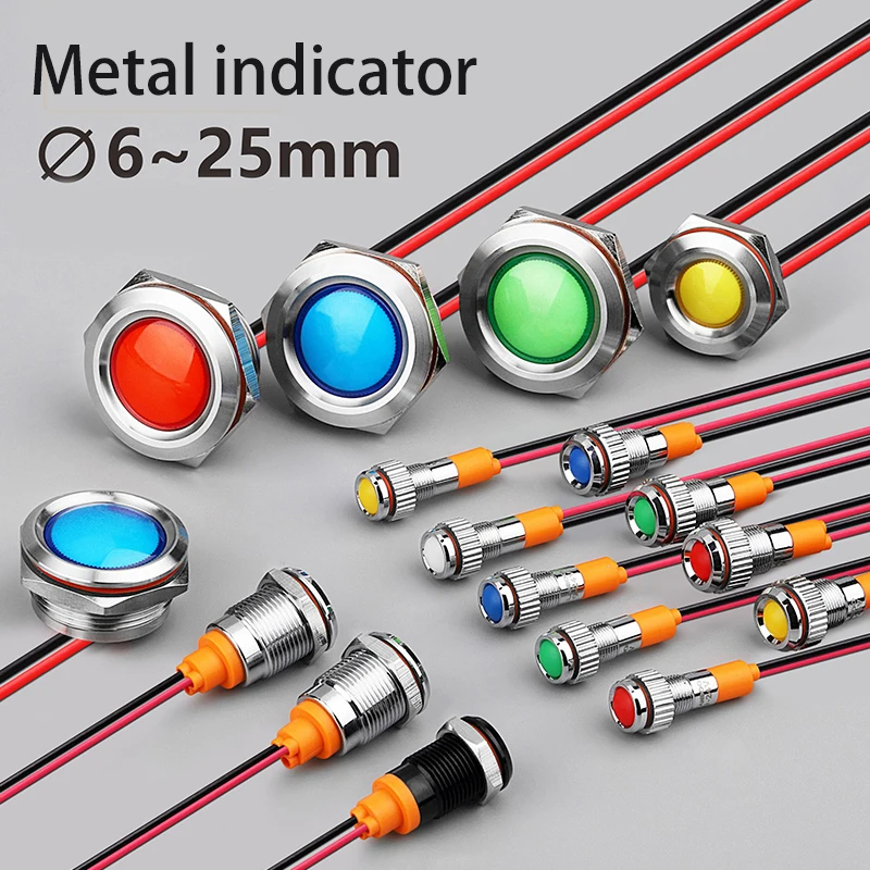 6mm 8mm 10mm 12mm 14mm  Metal LED Warning indicator light Waterproof IP67 Signal Lamp Pilot Wires switch 3V 5V 12V 220V Red Blue
