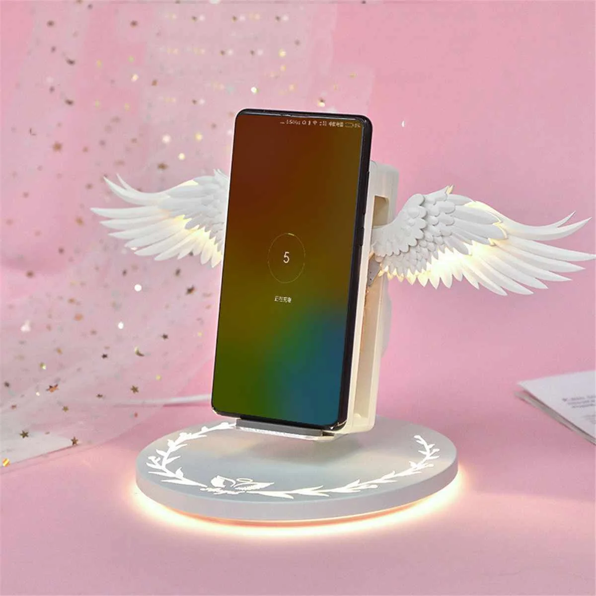 

10W Wireless Charger Angel Wings Night Light Mobile Phone Wireless Charger for Android Apple USB Fast Charge with Night Light