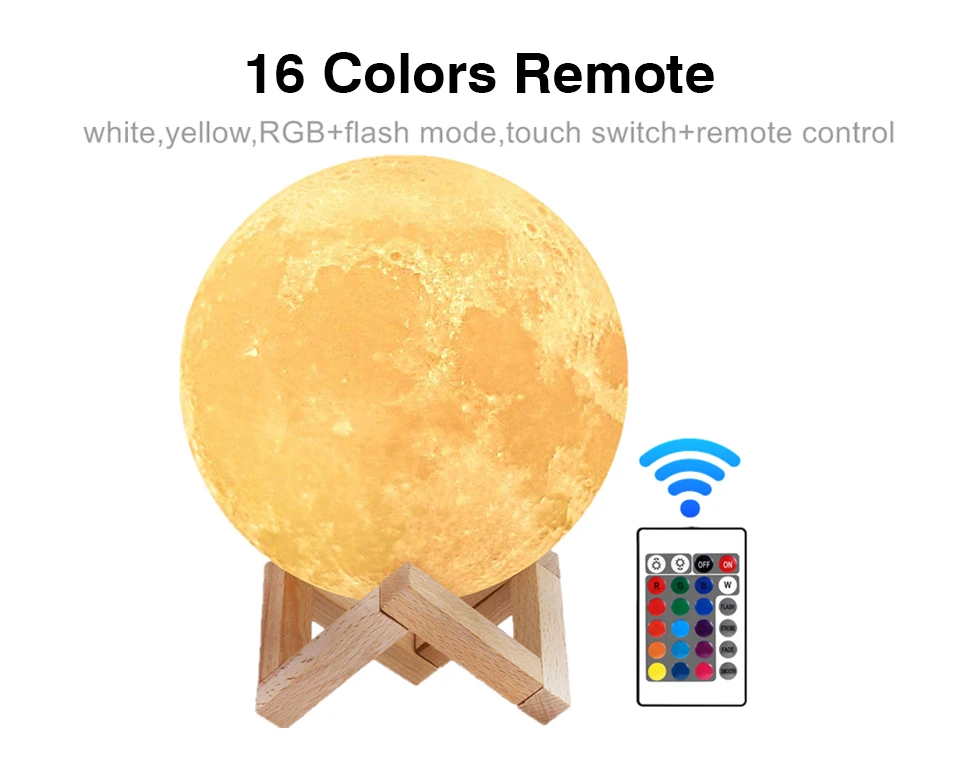 Rodanny 16 Colors Moon Lamp USB Rechargeable Touch Change Remote 3D Print Light for Home Decorion Children Gift wall night light